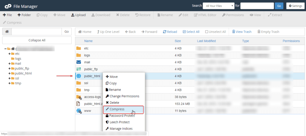 compress folder using File Manager - website migration