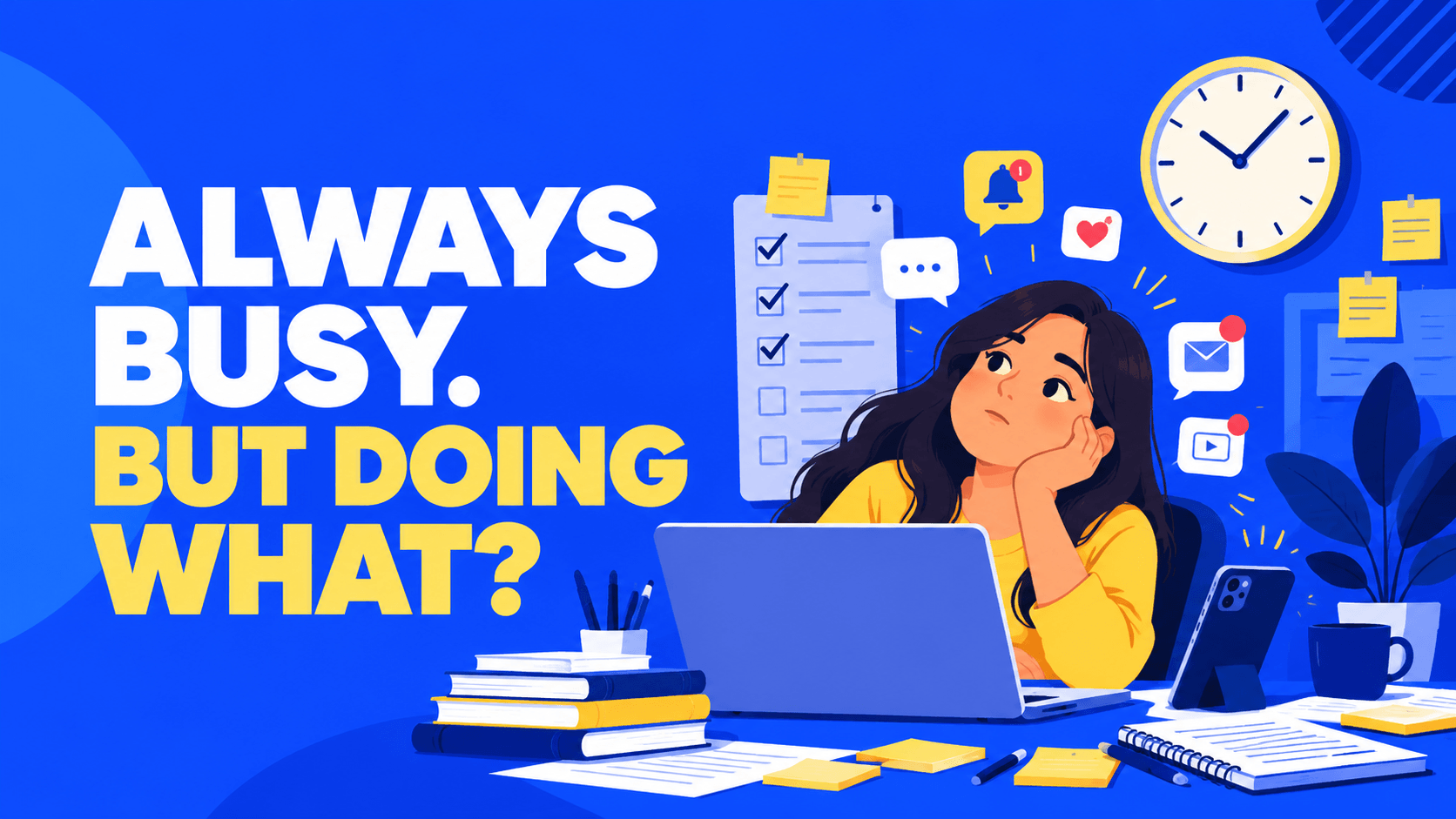 Illustration of a woman at a desk surrounded by a laptop, phone notifications, a to-do list, papers, and a clock.
